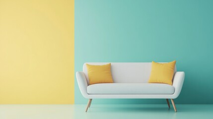 Minimalist living room interior design with a white sofa, yellow cushions, and a bright teal and yellow wall.