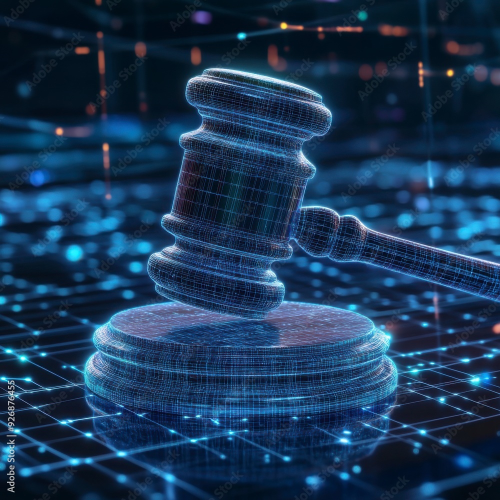 Poster the judge's gavel floats in virtual space, symbolizing the enforcement of cybersecurity laws.