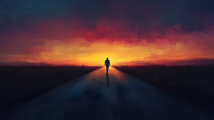 Lone Traveler Silhouetted on Deserted Road at Dusk with Glowing Horizon