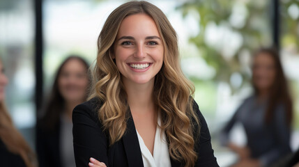 Smiling businesswoman in a suit, looking confident and successful in an office
