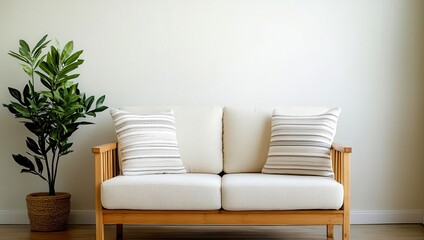 Bamboo loveseat in a small living room, cozy nook, soft lighting, natural textures, and a peaceful retreat