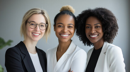 Fototapeta premium Diverse business team smiling confidently in office, standing together for teamwork and success