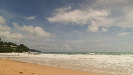 Blue sea white beach turquoise ocean wave coastal in tropical paradise landscape. Beautiful scene seascape marine coastline destinations. Tropical beautiful blue ocean lagoon lake travel summer time.