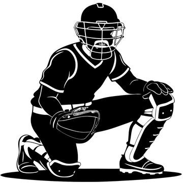 recommend clip art: Baseball Catcher Silhouette: Powerful and ready, a baseball catcher in silhouette kneels in a classic stance, ready to catch the next pitch. The image evokes strength, focus, and anticipation.