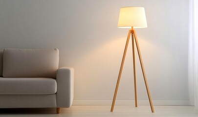 Bamboo floor lamp with minimalist design, casting soft light in a modern living room with muted colors