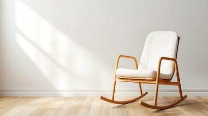 Bamboo rocking chair with a minimalist frame, set on a wooden floor, in a bright, airy room