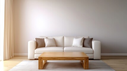 Contemporary bamboo coffee table in a minimalist living room, surrounded by neutral tones and soft lighting