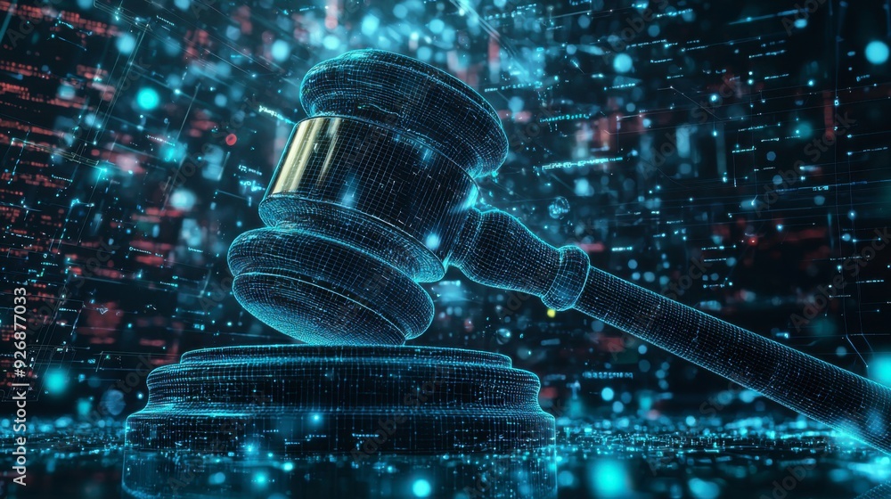 Poster the judge's gavel floats in virtual space, symbolizing the enforcement of cybersecurity laws.