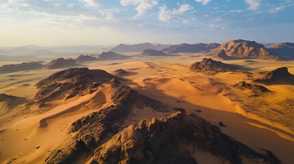 Naklejka premium Majestic Aerial View of a Sprawling Desert Landscape with Sand Dunes and Rock Formations