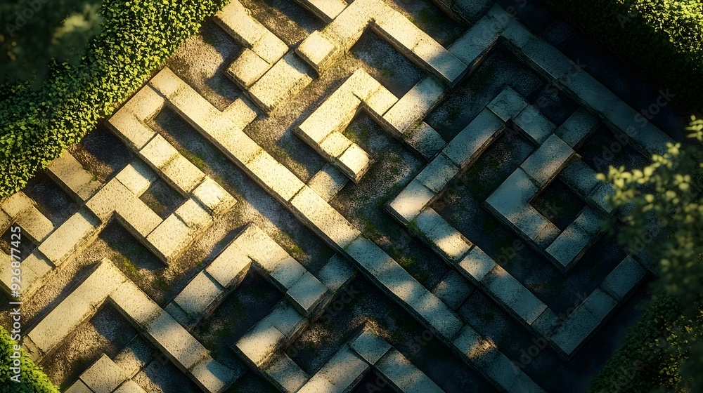 Poster mesmerizing top down view of an intricate architectural maze with captivating shadows and sunlight