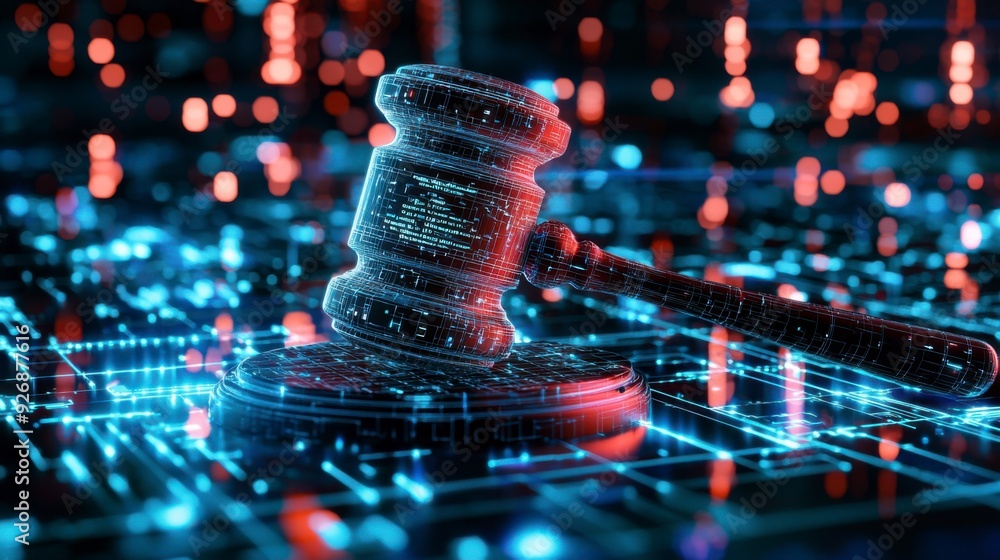 Poster the judge's gavel floats in virtual space, symbolizing the enforcement of cybersecurity laws.