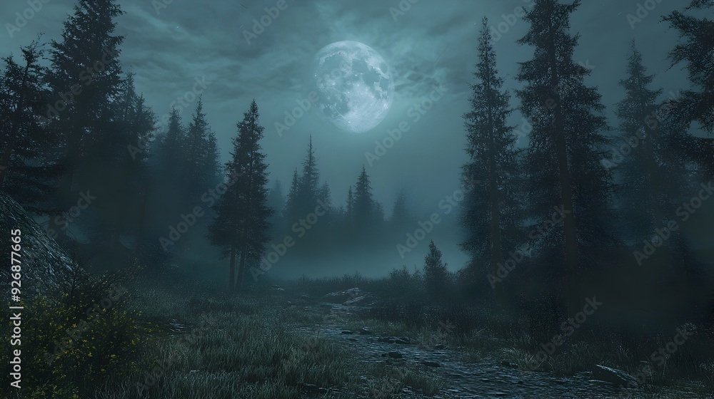 Poster moonlit forest landscape with towering trees in the mystical wilderness