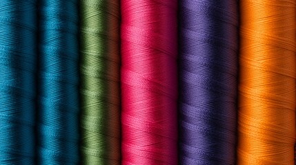 A collection of colorful spools of thread arranged vertically.