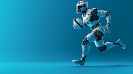 Full body android robot playing rugby, running with the ball, isolated on a solid blue background with ample copy text space