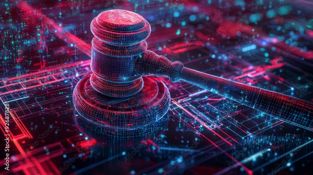 Poster the judge's gavel floats in virtual space, symbolizing the enforcement of cybersecurity laws.