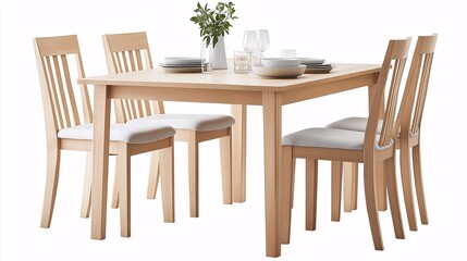 Fototapeta premium Modern Minimalist Dining Set: Light wood dining table and chairs, perfect for a contemporary kitchen or dining room.
