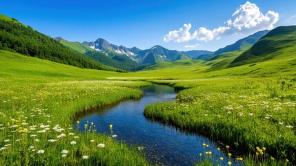 Serene Mountain Meadow with Winding Stream