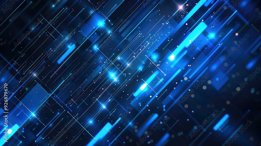 Poster a dark blue background with a series of glowing lines and rectangles intersecting and overlapping ea