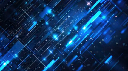 A dark blue background with a series of glowing lines and rectangles intersecting and overlapping each other with white dots.