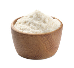Fresh coconut flour in bowl isolated on white
