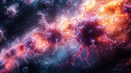 Abstract representation of the monkeypox virus spreading, featuring organic, fluid shapes in dark and ominous tones
