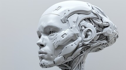 Cyborg Head with Intricate Wiring and Mechanical Details