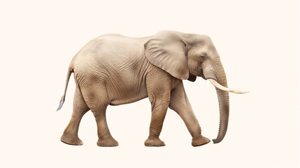African Elephant Walking on White Background: A majestic African elephant strides forward on a pristine white backdrop. The animal's powerful presence and intricate details are highlighted against the
