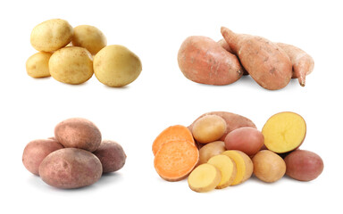 Different types of potatoes isolated on white, collection