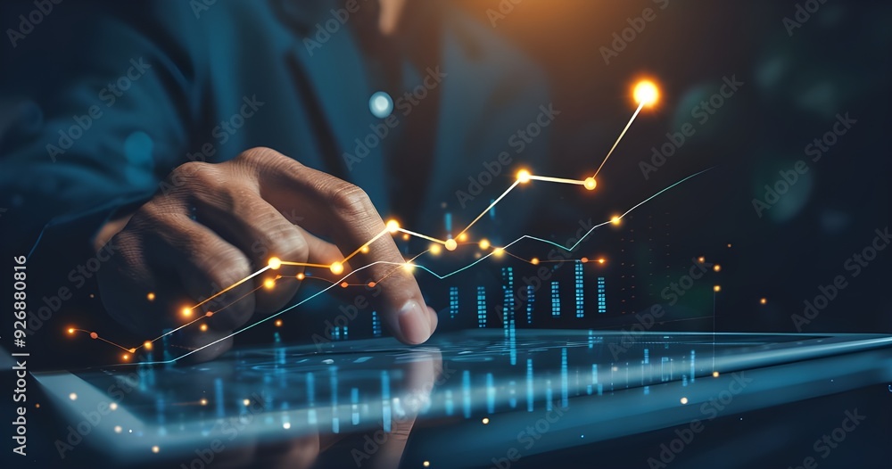 Poster businessman touching glowing upward arrow on graph line with finger.