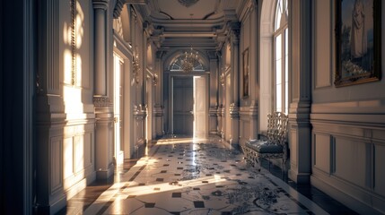 Fototapeta premium Sunlit Hallway in a Luxurious Mansion