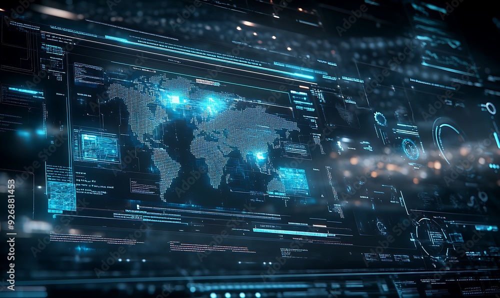Poster digital interface showing real-time cloud security analytics and monitoring