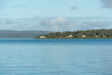 View from Norfolk Beach on Coochiemudlo Island across the water to Macleay Island, with Stradbroke Island in the distance. Queensland, Australia 