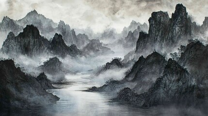 Obraz premium Elegant landscape depiction of misty mountains and a winding river in Chinese ink painting art 
