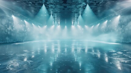 A dark, empty space with a reflective floor and spotlights shining down, creating an ethereal atmosphere.