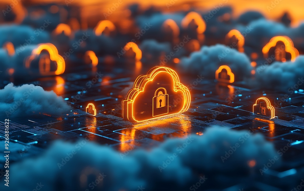 Poster detailed shot of cloud data encryption with secure protocols in digital cloudscape