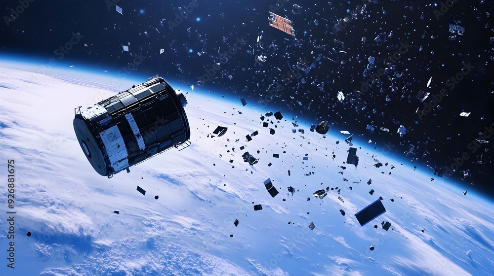 Aufkleber Satellite Monitoring Space Debris with Sensors Capturing Cluster Data