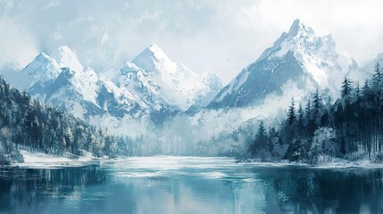 Fototapeta premium A painting depicting snow-covered mountains towering over a serene lake in a winter landscape.