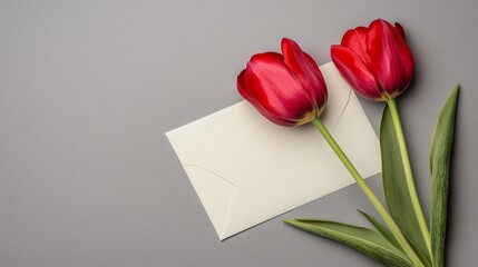 Fototapeta premium A simple arrangement of red tulips beside a blank envelope on a gray background.