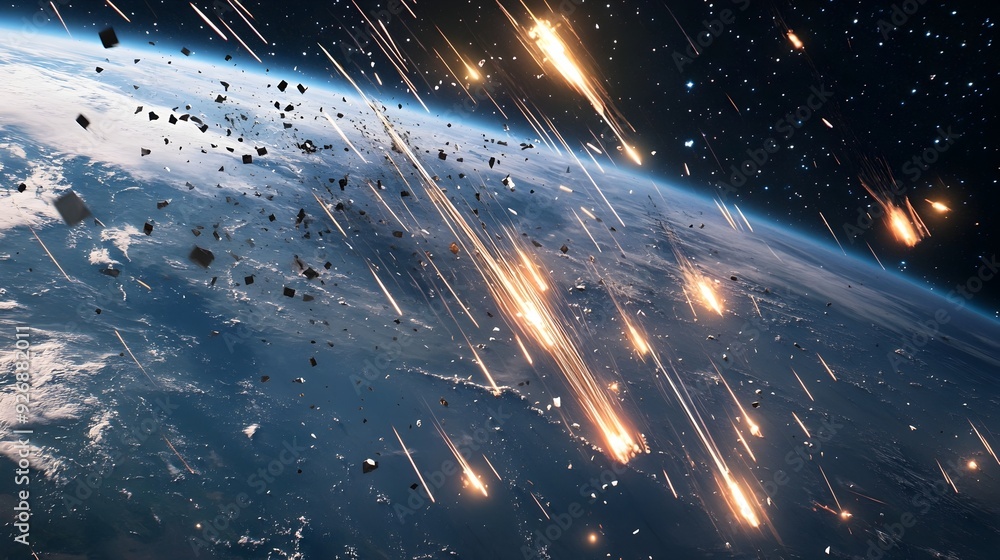 Poster Satellite Tracks Space Debris Re Entering Earth s Atmosphere in Bright Celestial Display