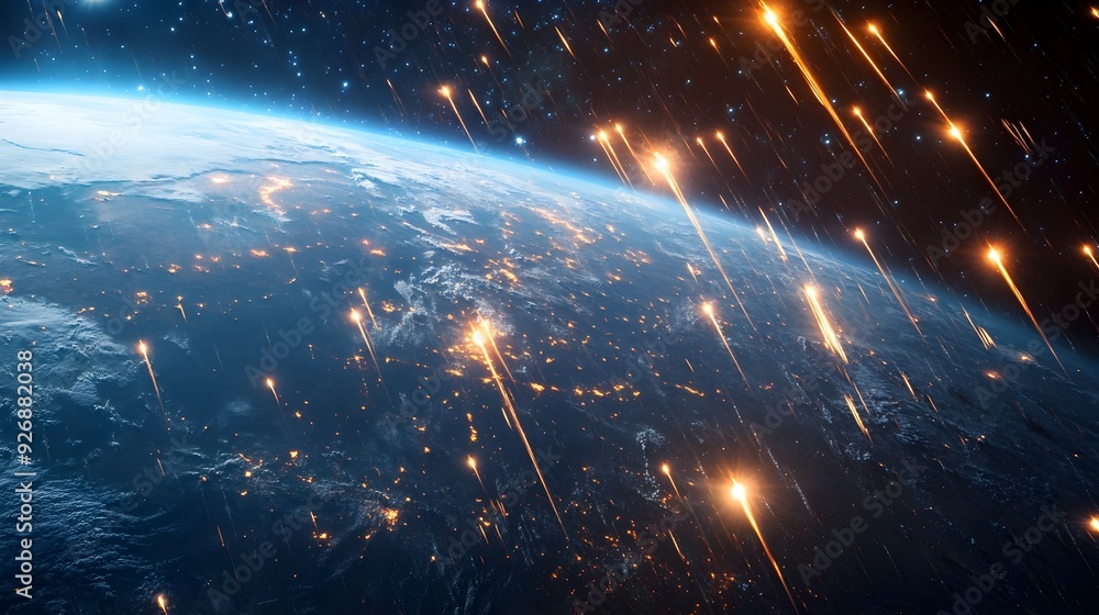 Poster Satellite View of Space Debris Re entering Earth s Atmosphere with Bright Streaks of Light