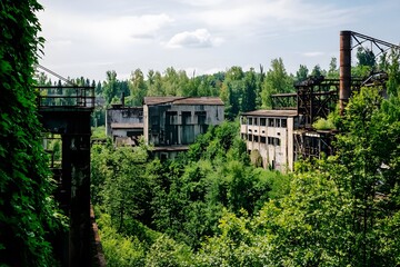 Fototapeta premium Abandoned industrial area overtaken by nature, where greenery envelops machinery and old structures.