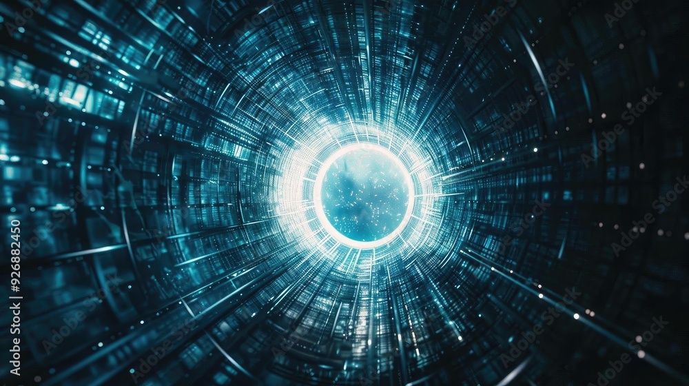 Poster a futuristic tunnel illuminated by blue light, creating a sense of depth and mystery in a digital wo