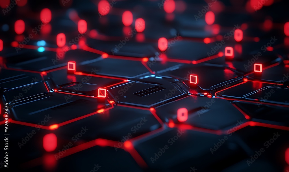 Poster close-up of digital firewall with indicators showing blocked malware attempts