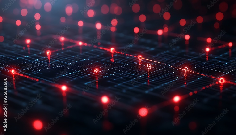 Poster close-up of digital system undergoing vulnerability scan with red node indicators