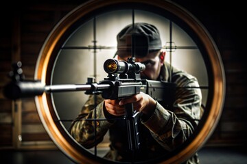 A man in camouflage is holding a rifle and looking through a scope