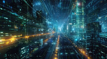 A futuristic city with glowing digital lines and data streams. Abstract cityscape with neon lights and a sense of speed.  A city of the future with technology as its foundation.