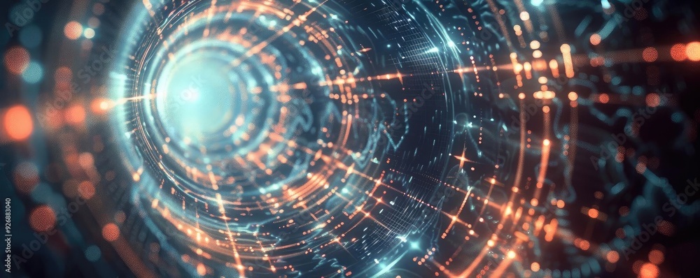 Poster dynamic digital swirl with glowing light and intricate patterns, perfect for illustrating technology