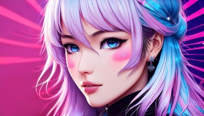 Naklejka premium Close up of a manga woman with bold pink and purple pop art elements and space for additional text.