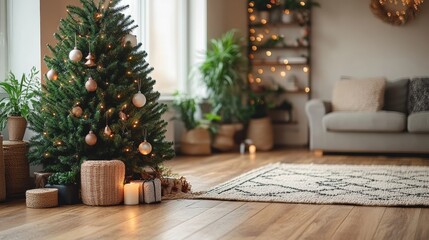 A minimalist Christmas tree with simple, elegant decorations and a glowing star on top