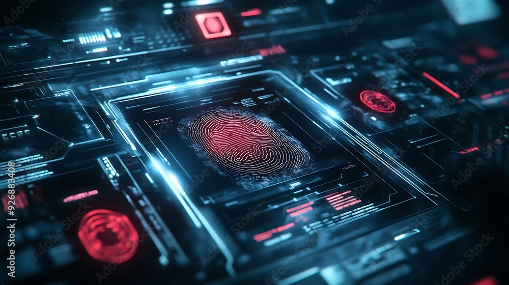 Fototapete high-tech identity verification interface with biometric scans and digital fingerprints